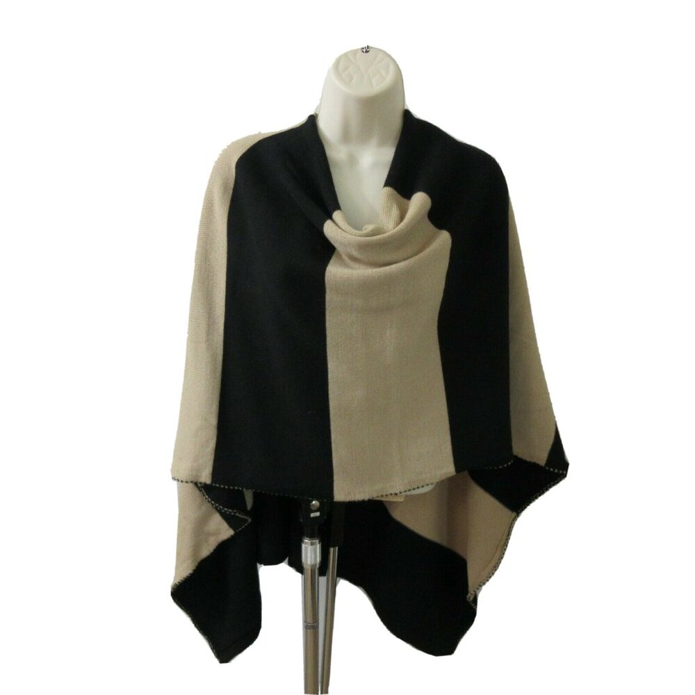 Striped Poncho Sweater Size Med. Pullover Black Camel Wool Blend Knit Drape Neck